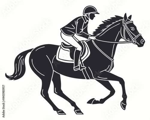 Black And White Silhouette Of A Horse With Equestrian Rider Galloping