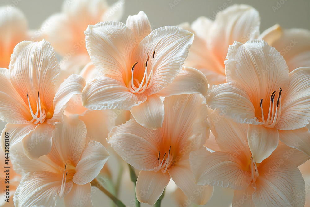 Fototapeta premium name : serene pale orange daylily wall, elegant macro trumpets,