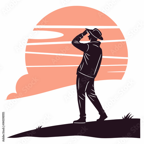 Silhouette Man Looking Out At Sunset Or Sunrise Vector Illustration