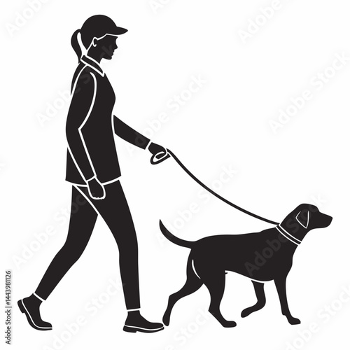 Silhouette Illustration Of A Woman Walking A Dog On A Leash