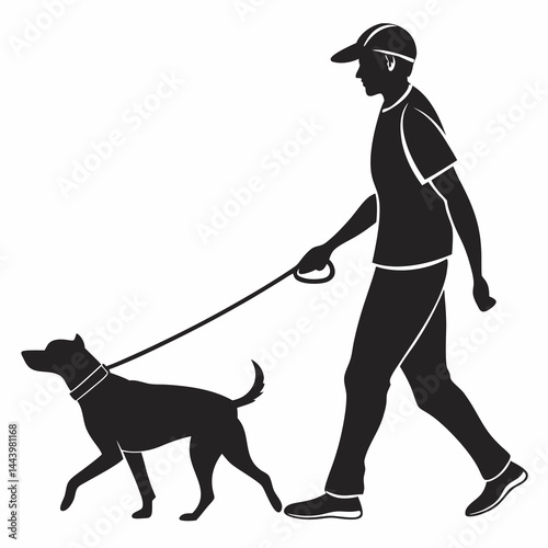 Silhouette Of A Man Walking A Dog On A Leash Vector Illustration
