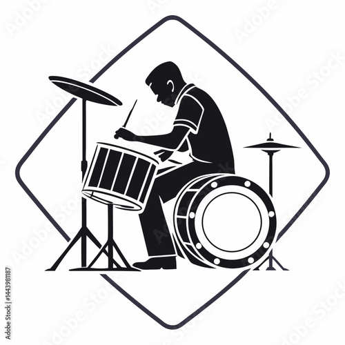 Drummer Playing Drum Set In Monochrome Minimalist Style Framed In Rhombus