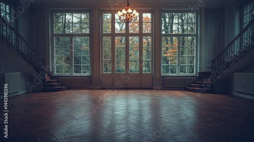 Grand hall with large windows overlooking a park