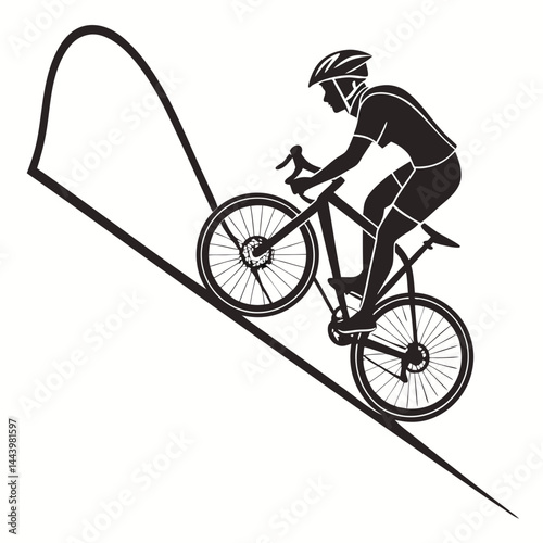Cyclist Silhouette Riding On An Inclined Line With Helmet And Gear