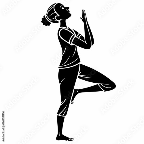 Woman Doing Yoga Tree Pose In Black And White Silhouette Illustration