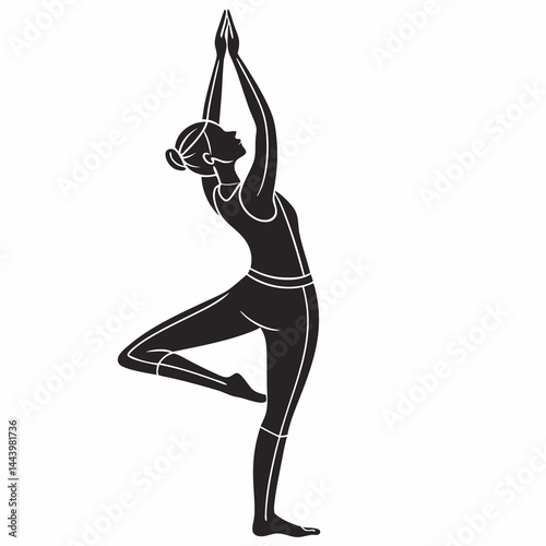 Black And White Yoga Woman Tree Pose Vector Illustration