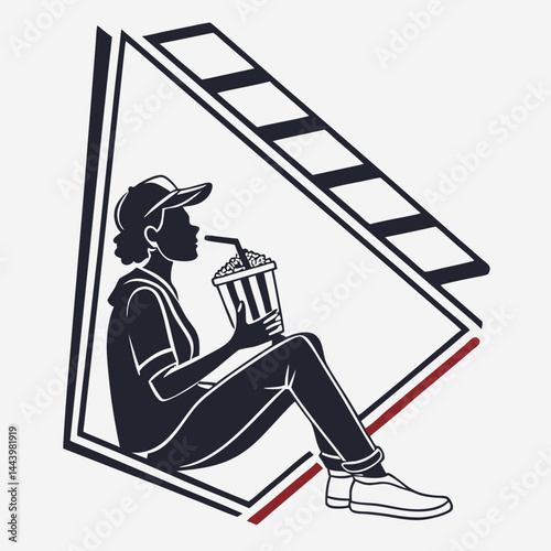 Woman Watching Movie With Popcorn In Film Reel Graphic Silhouette Style