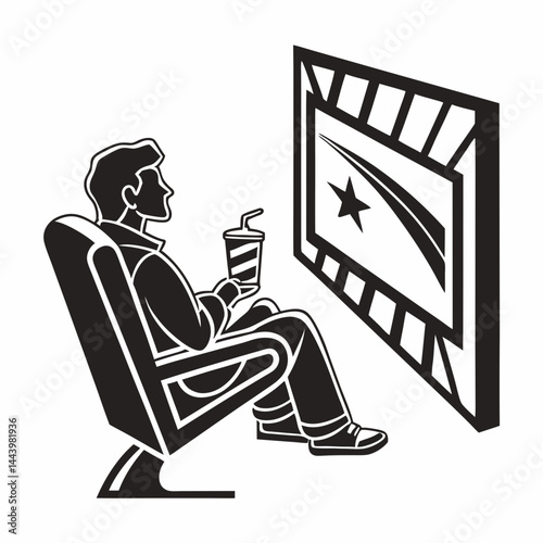 Man Watching Film With Soda Monochrome Vector Illustration Design