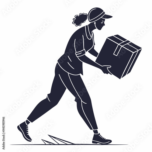 Silhouette Of Delivery Woman Carrying Box Package On White Background
