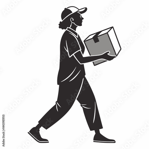Woman Delivery Person Carrying Package In Silhouette Vector Illustration Isolated