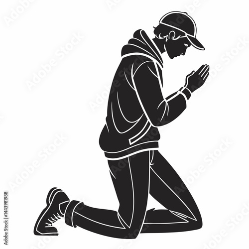 Man On Knees In Prayer Black And White Vector Illustration