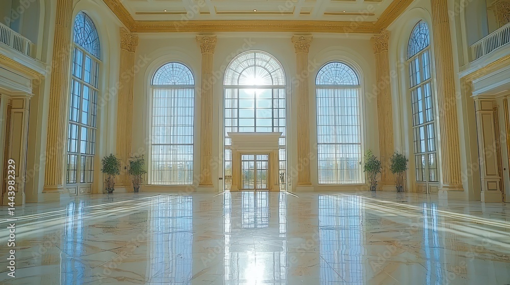 Grand, sunlit hall with expansive windows