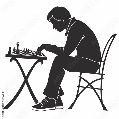 Man Playing Chess Strategy Game Sitting On Chair Silhouette Style