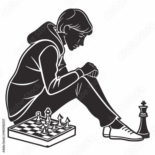 Contemplative Person Sitting With Chessboard And Fallen Queen Piece Illustration