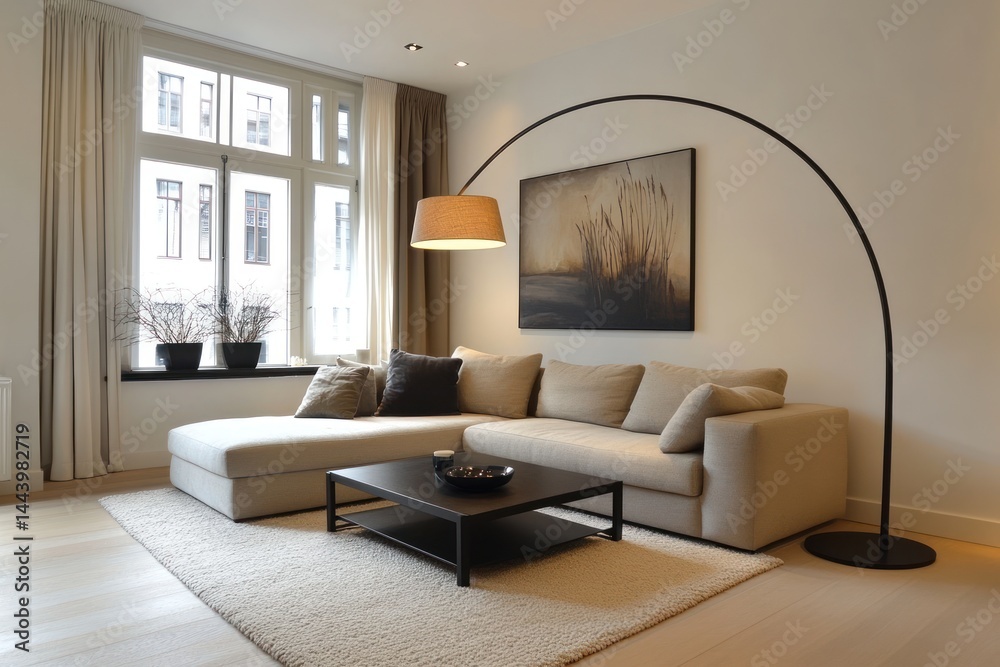 Fototapeta premium Modern living room interior design showcasing neutral tones.