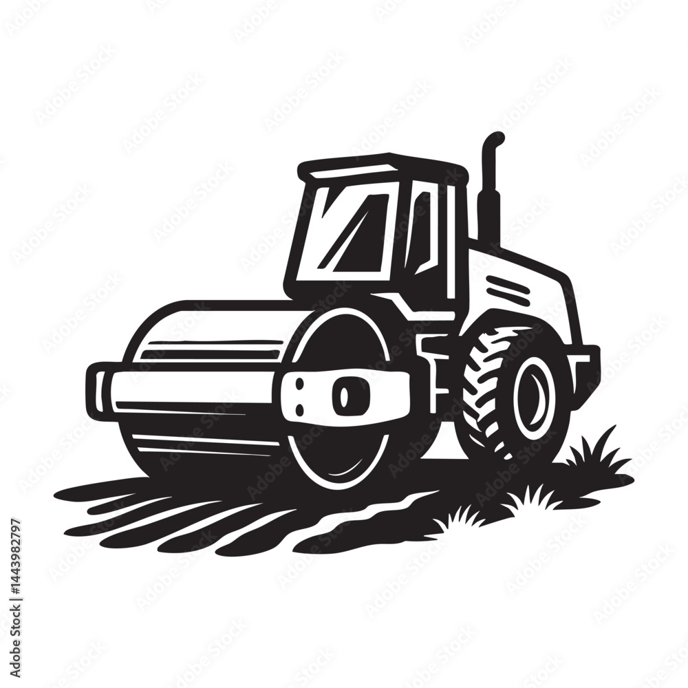 Fototapeta premium Road roller flattening fresh asphalt vector illustration