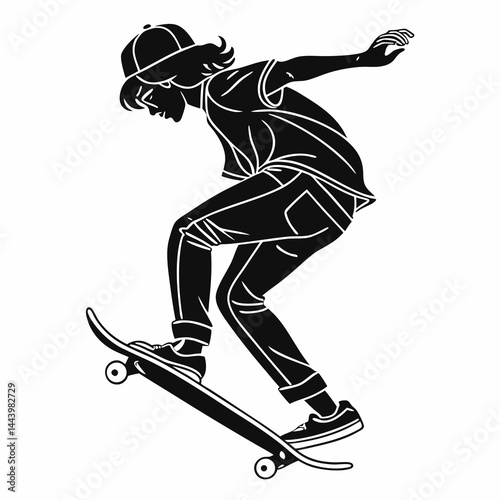 Monochrome Skateboarder Silhouette Performing Trick In Skate Park Vector Illustration