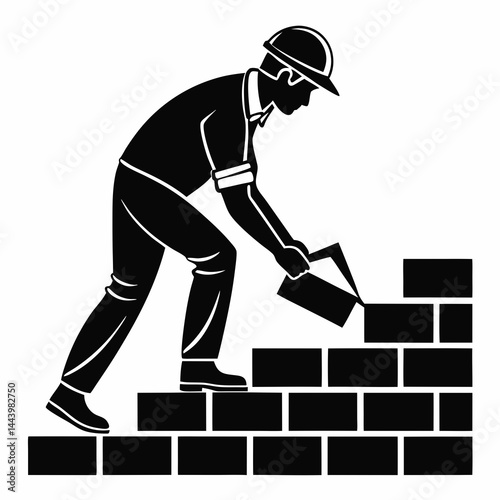 Black And White Illustration Of A Construction Worker Laying Bricks