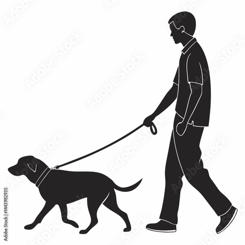 Man And Dog Walking Silhouette Isolated On White Background Vector Illustration