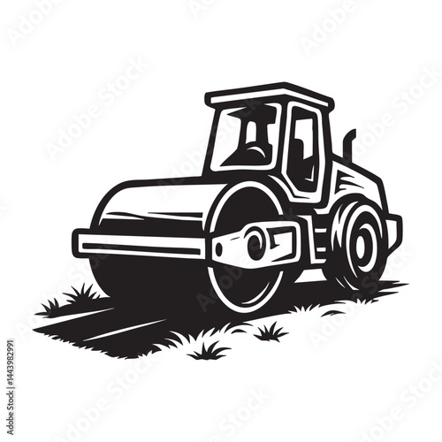 Road roller flattening fresh asphalt vector illustration