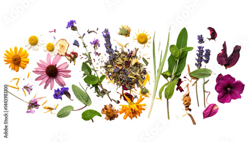 A scattered assortment of rant dried herbs and botanicals on a clean white background