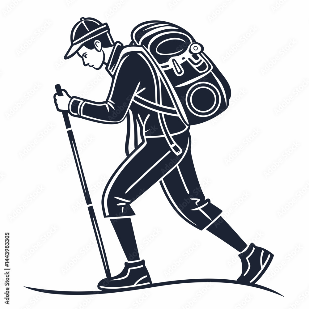 Obraz premium Hiker Silhouette With Backpack Trekking Stick Outdoor Adventure Vector Illustration