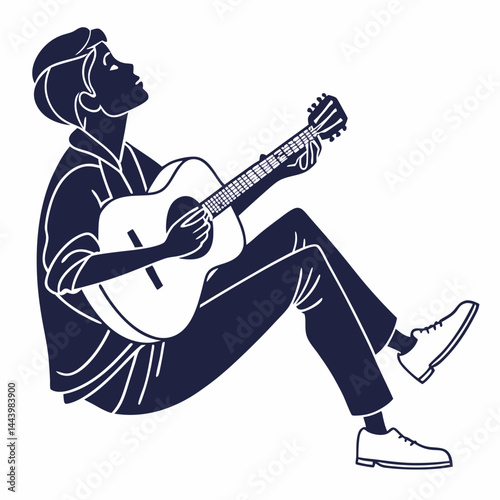 Young Man Playing Acoustic Guitar Monochrome Style Looking Up Inspiration