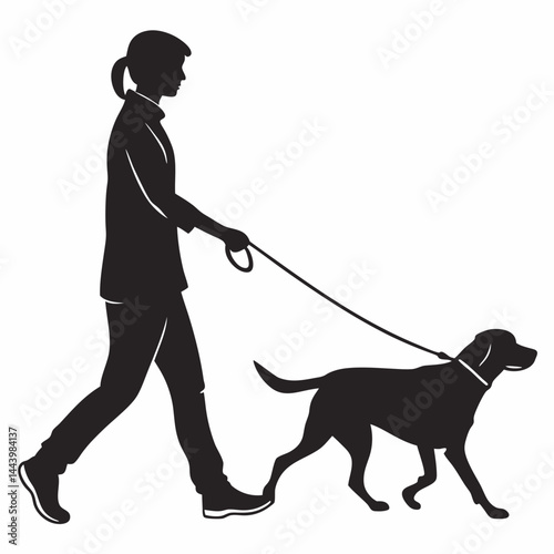 Silhouette Of Woman Walking Dog On Leash Simple Black And White