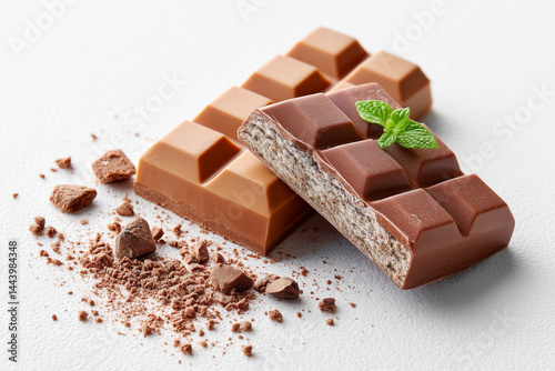 Chocolate bars display rich textures and appealing colors with chocolate crumbs scattered around