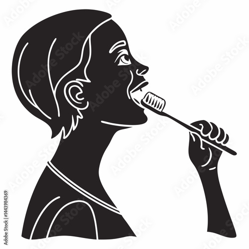Girl Brushing Teeth Daily Dental Hygiene Vector Silhouette Illustration