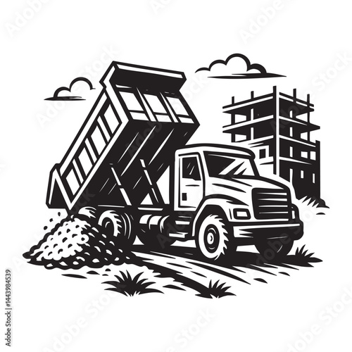 Dump truck unloading gravel on construction site vector illustration