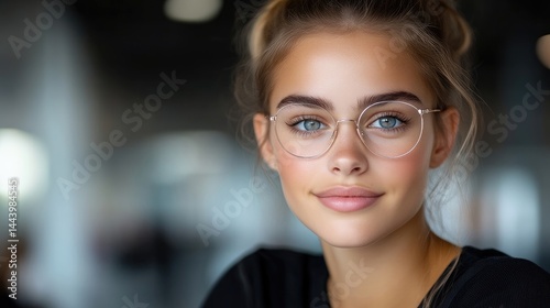 Free Download A beautiful young woman with glasses smiles gently at the viewer. - GFXLoad