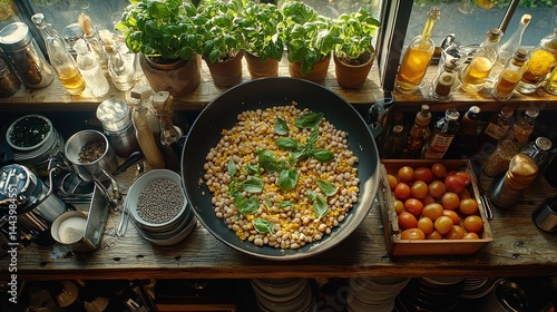Healthy, vibrant dish of chickpeas and corn on a rustic wooden windowsill