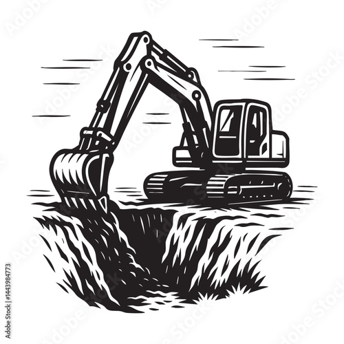 Excavator digging deep trench vector illustration