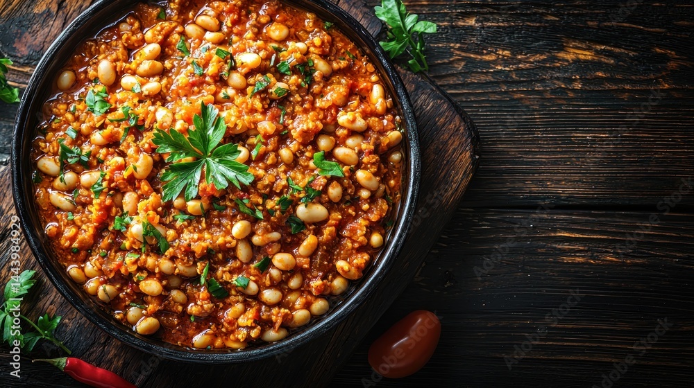 Hearty, flavorful chili, topped with fresh herbs, in a cast iron skillet