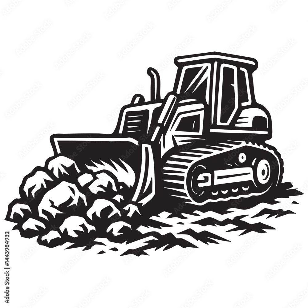 Naklejka premium Bulldozer pushing rocks on rugged terrain vector illustration