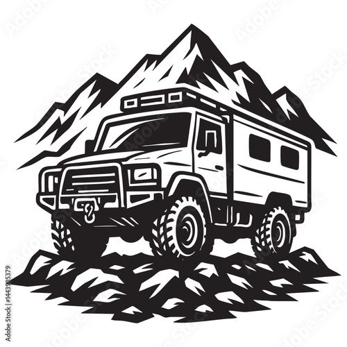 Expedition truck with bull bar and winch on rocky mountain vector illustration