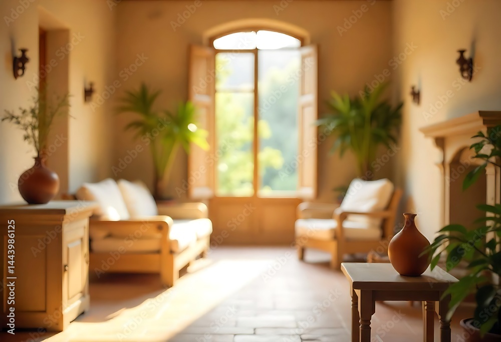 Fototapeta premium Generative AI Interior Design: Sunlit Tranquility in a Rustic Living Room