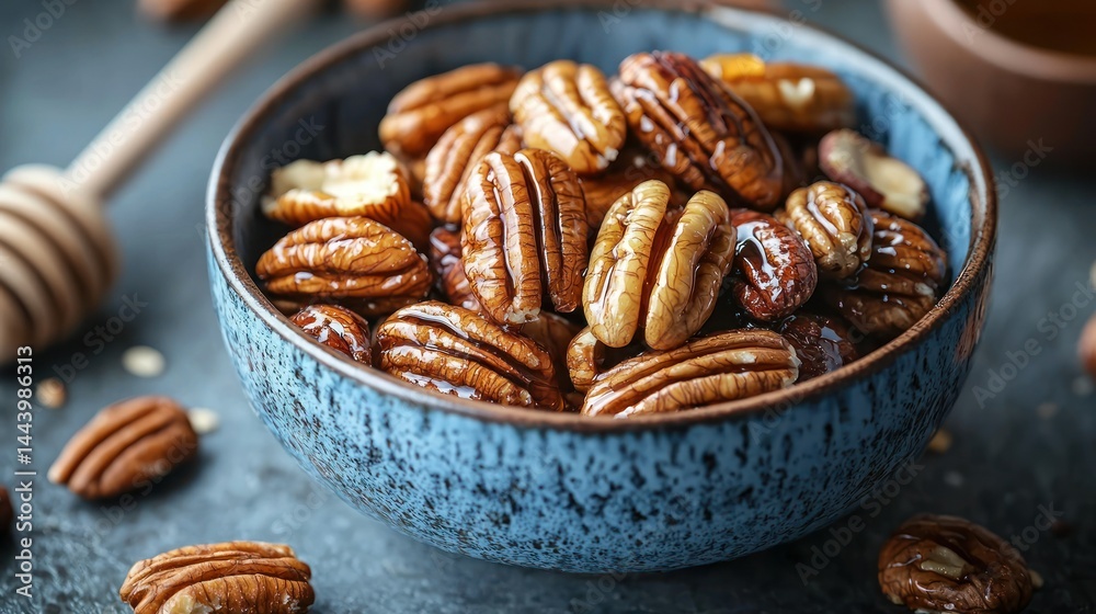 Honey-glazed pecans in a bowl