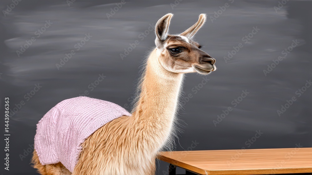 Fototapeta premium Cute Alpaca in Pink Sweater Classroom Background Adorable Animal Portrait