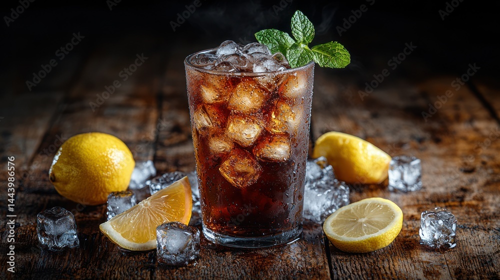 Iced cola drink with lemon and mint