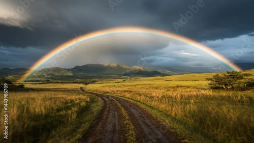 Majestic Rainbow Over Lush Green Landscape After Rainfall