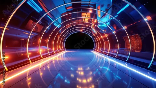 Futuristic Tunnel with Neon Lights and Reflective Surfaces