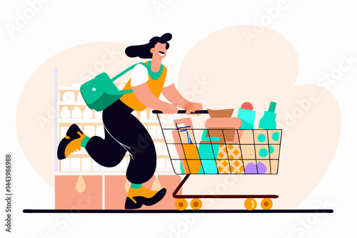 A cheerful shopper joyfully pushes a brimming shopping cart through the aisles. Groceries and household items fill the basket, suggesting a successful shopping trip.