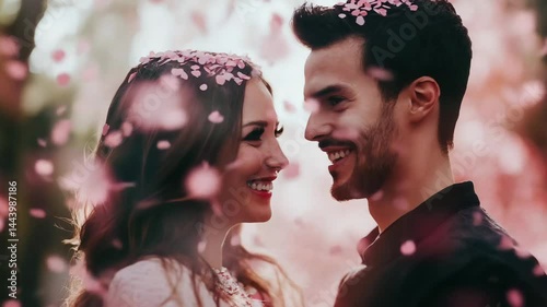 Romantic Couple Smiling Under Cherry Blossom Petals in Spring Scene