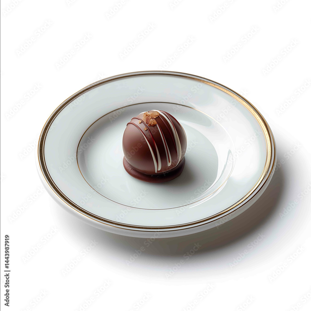 A single chocolate truffle on a white dish isolated on a white background high quality A single chocolate truffle on a white dish isolated on a white background high quality