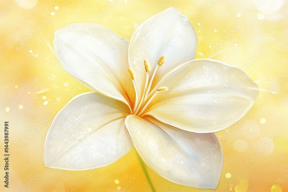 Fototapeta premium Delicate white flower blossom against a golden background.