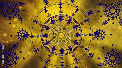 Intricate Zodiac and Compass Design on Golden Background