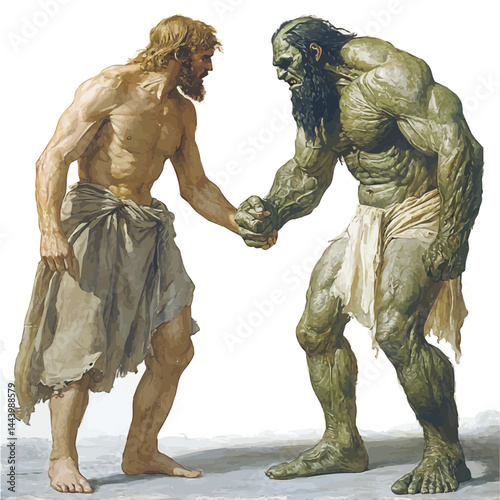 Greek Hero Odysseus Encountering The Cyclops, watercolor vector, isolated on a white background.