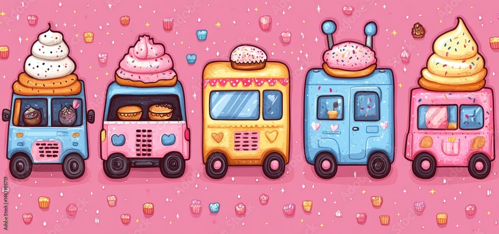 Naklejka premium Sweet Treats on Wheels: A Delightful Parade of Dessert Trucks